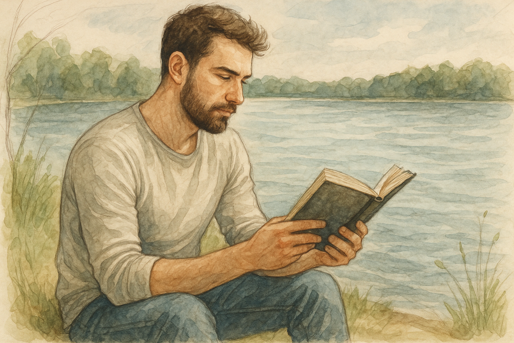 man reading book by a lake - we also read to heal