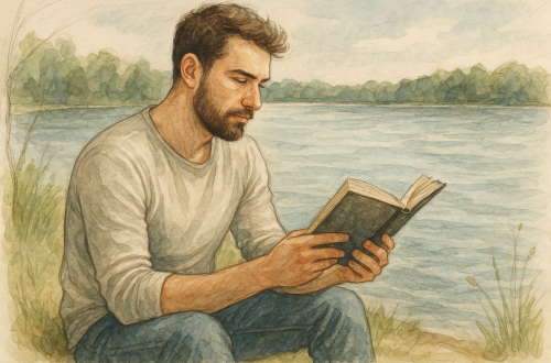 man reading book by a lake - we also read to heal