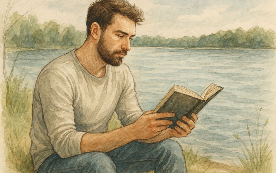 man reading book by a lake - we also read to heal