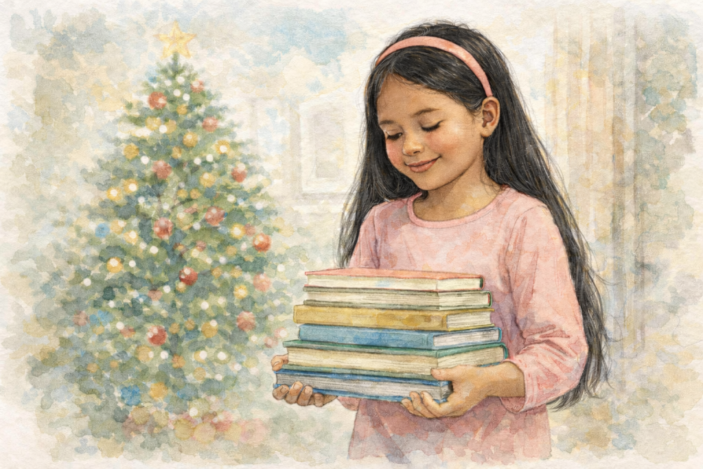 dark-haired girl holding a stack of books, with a Christmas tree in the background