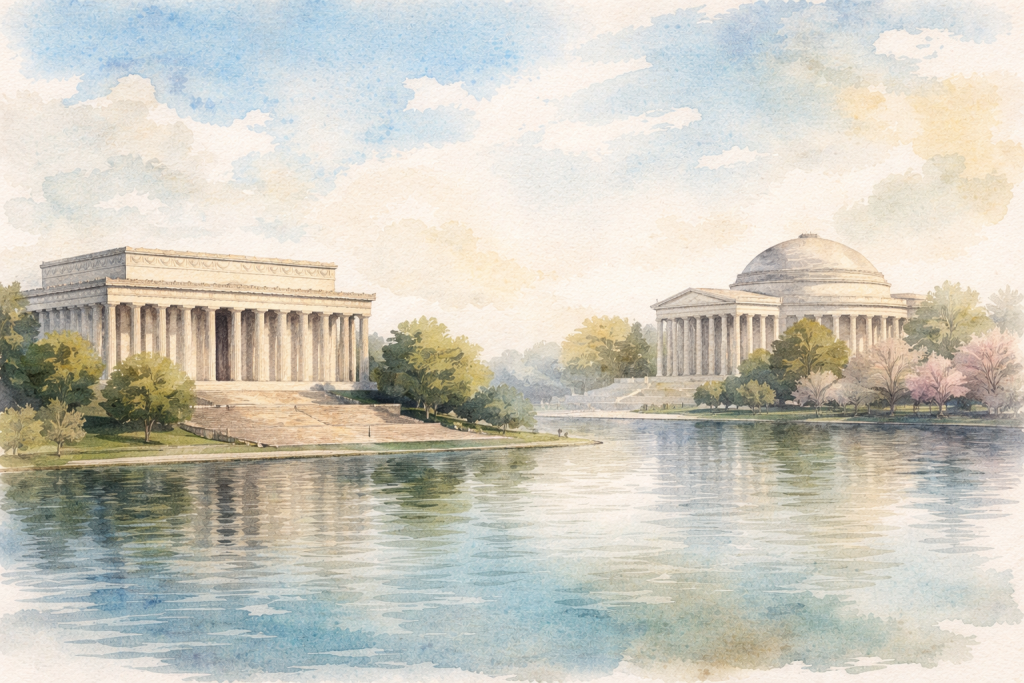 pencil and watercolor image of Lincoln and Jefferson Memorials