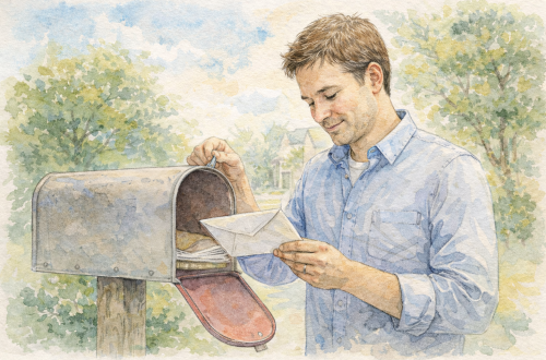 man finding letter in his mailbox