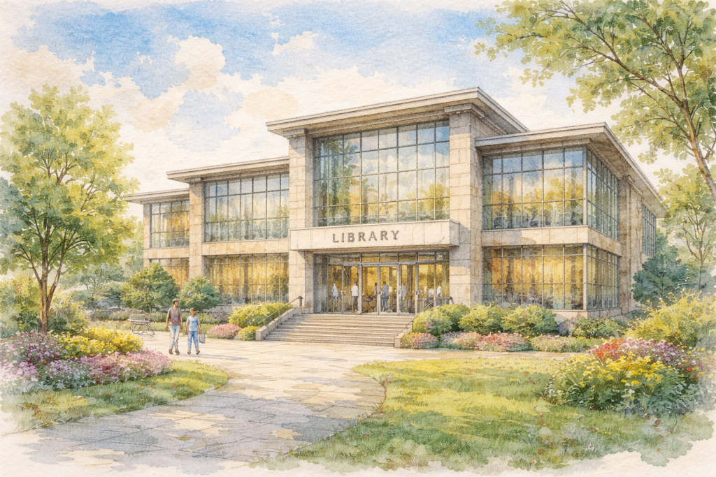public library surrounded by trees, shrubs, and flowers