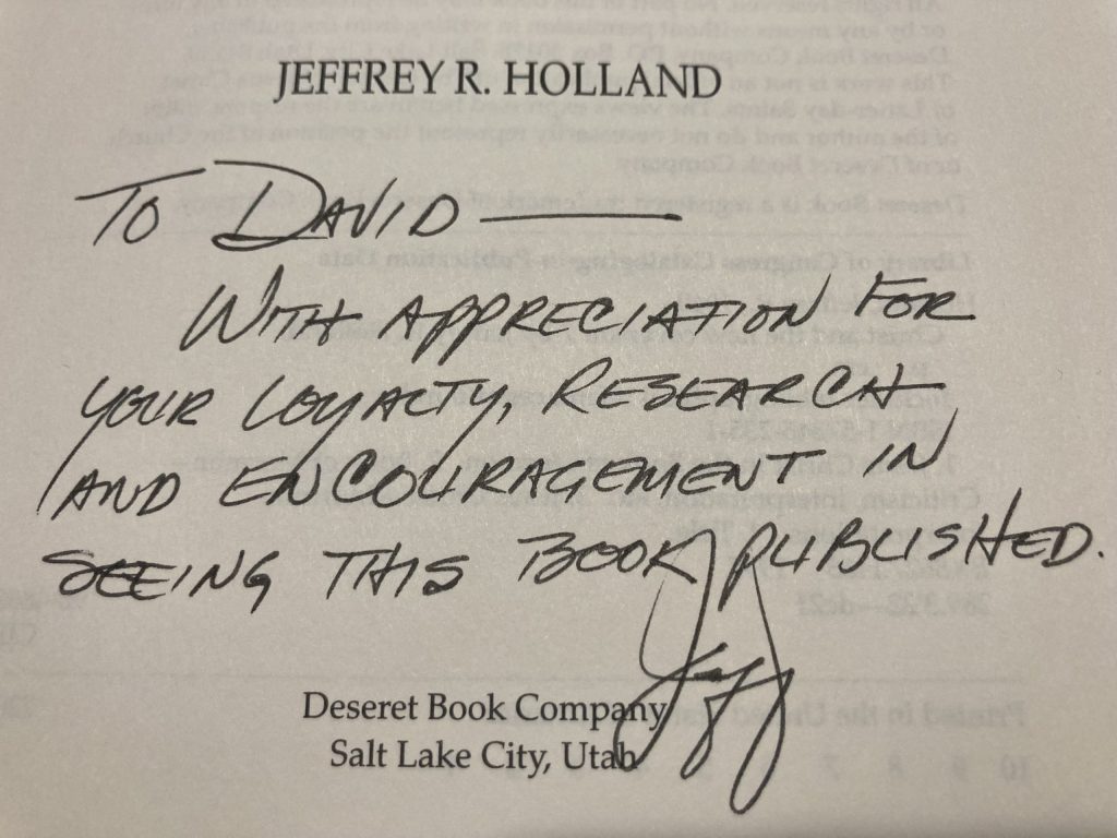 Jeffrey R Holland inscription in book